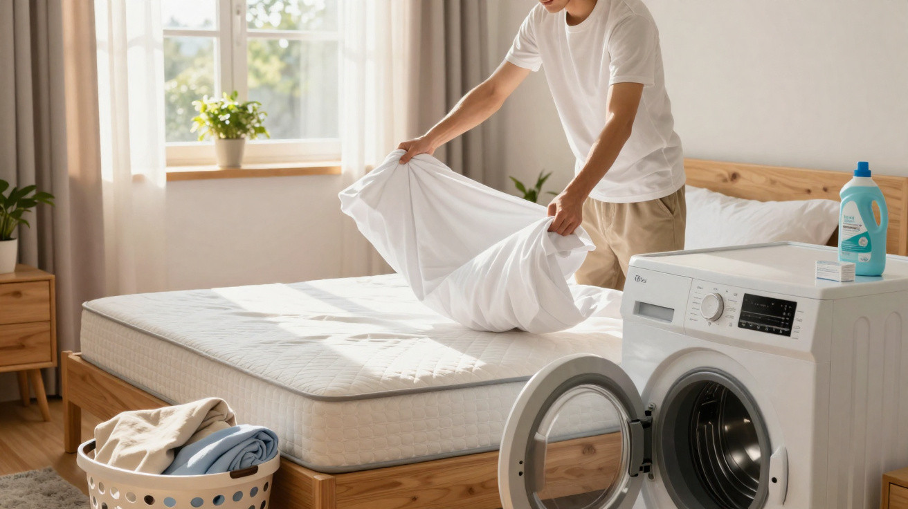 Person changing bed sheets next to a washing machine in a bright, tidy bedroom with wooden furniture.