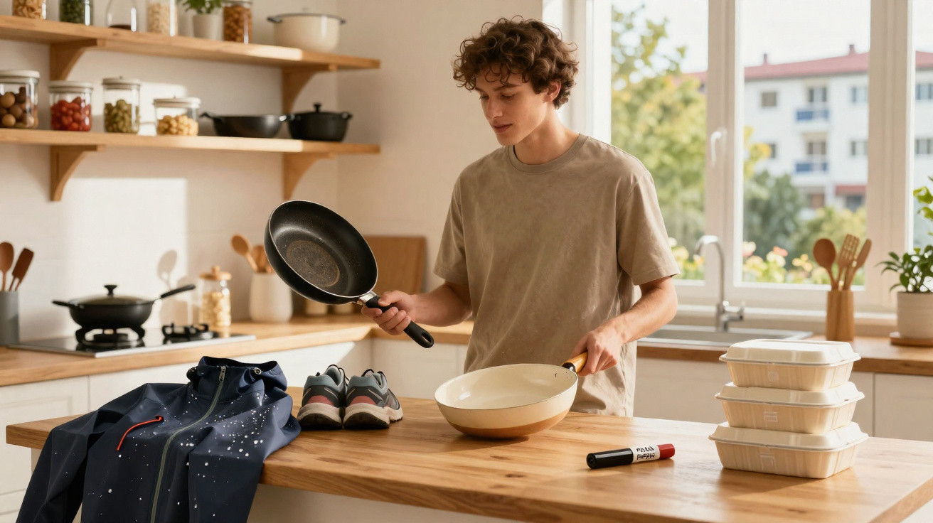 Young man in beige t-shirt holding two frying pans in a modern kitchen with shoes and meal boxes on the counter