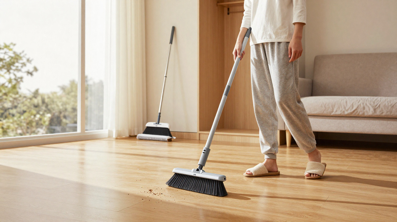 Person in casual clothes sweeping dirt on wooden floor in a bright living room with a sofa.