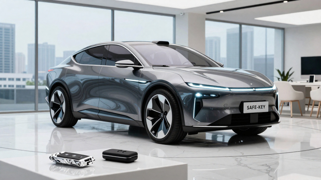 Sleek grey electric car with modern headlights parked indoors, with key fobs on a white table in the foreground.