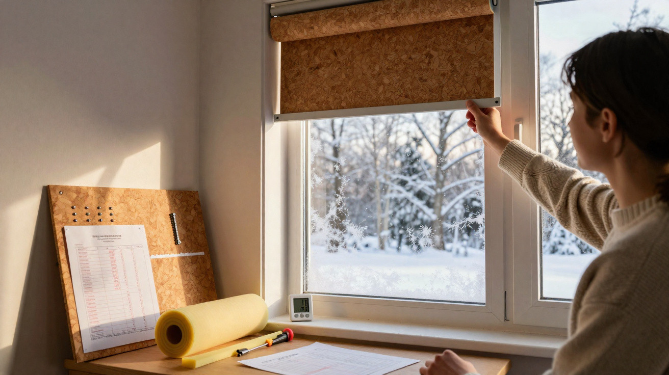 Person adjusting wooden roller blind by a snow-covered window in a cozy home office.