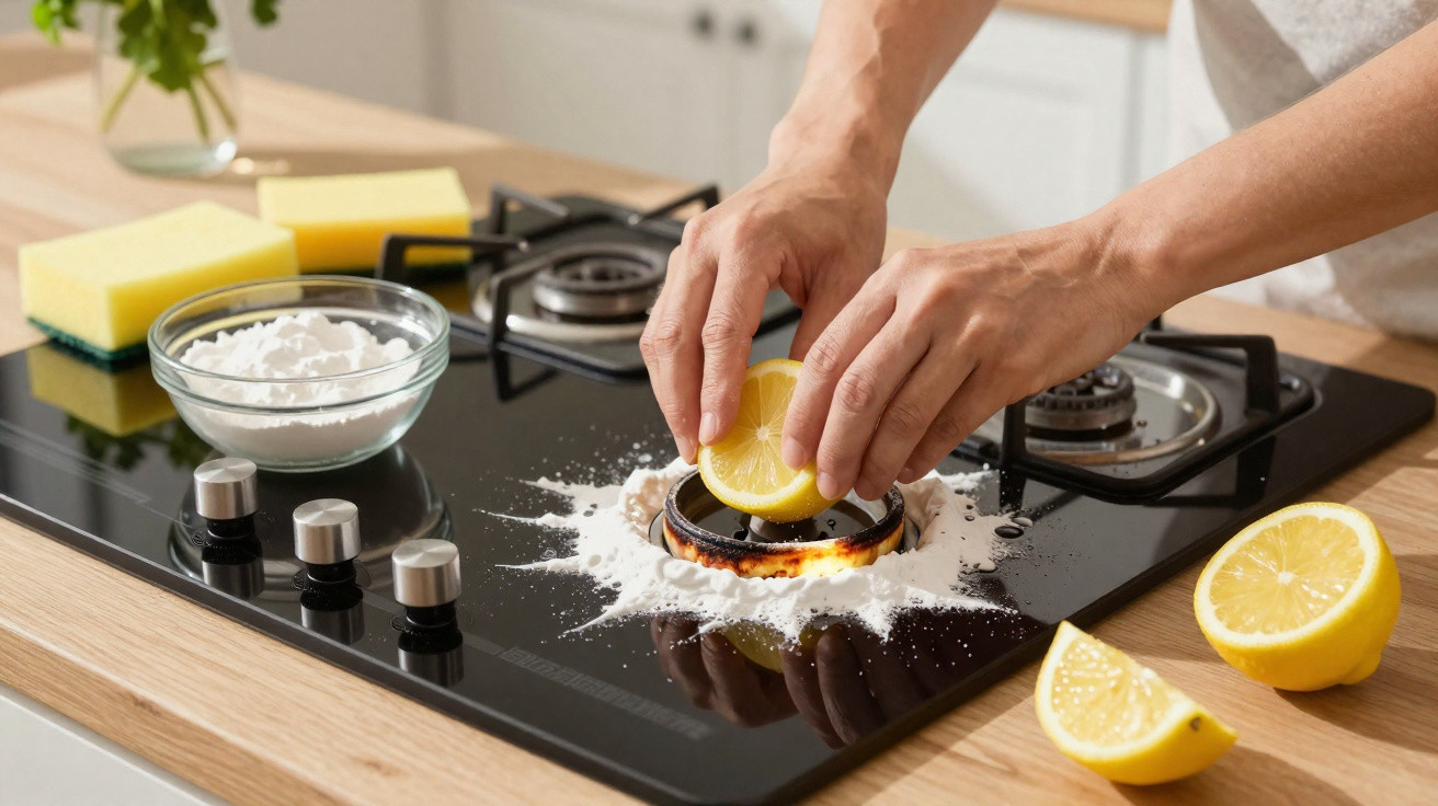 Hands cleaning a gas stove burner with lemon and baking soda on a kitchen countertop.