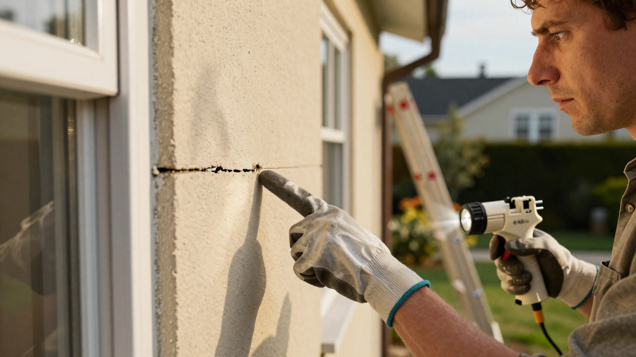 Man in gloves inspecting a large crack on an exterior wall with a repair tool outdoors.
