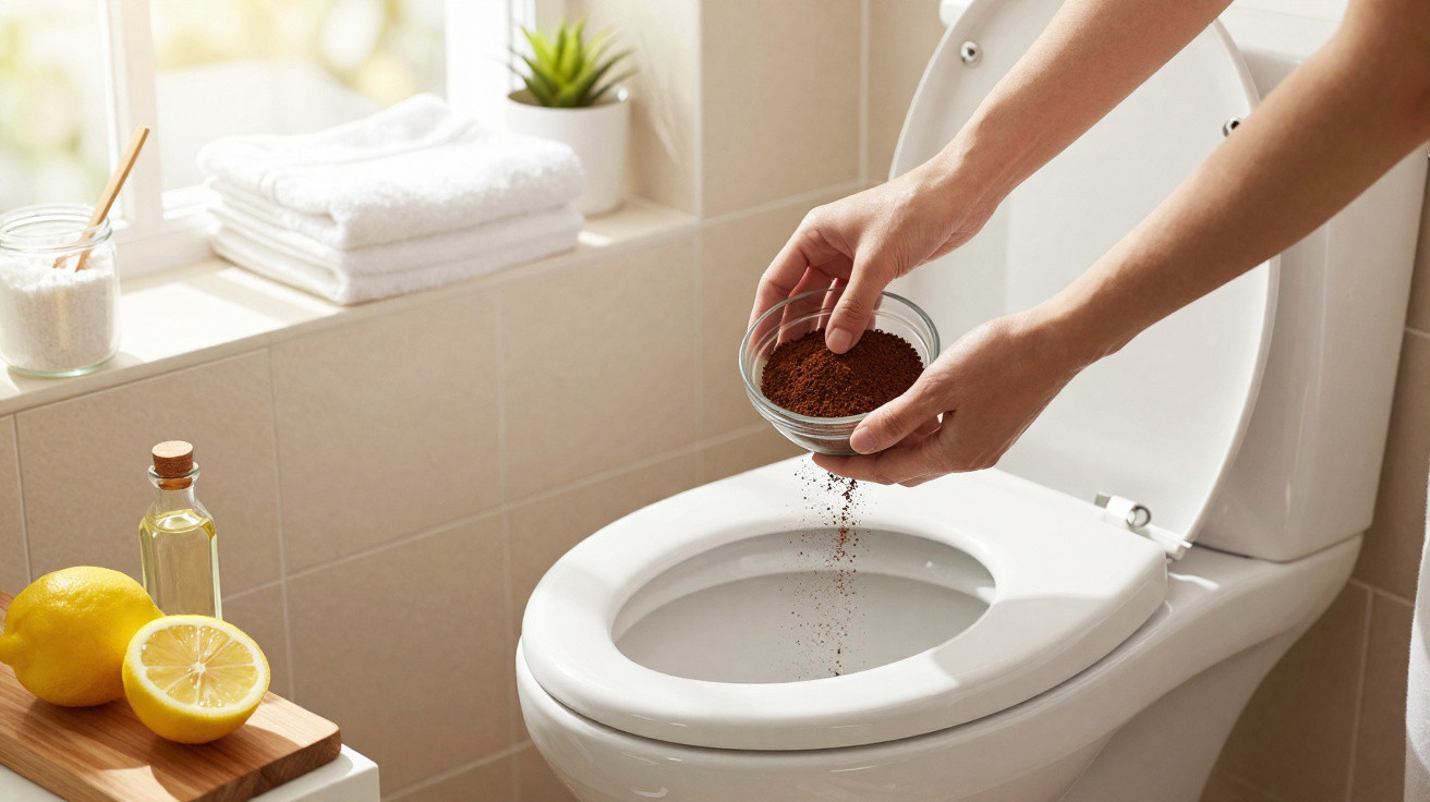 Hands pouring coffee grounds from a glass bowl into a white toilet bowl in a bathroom.