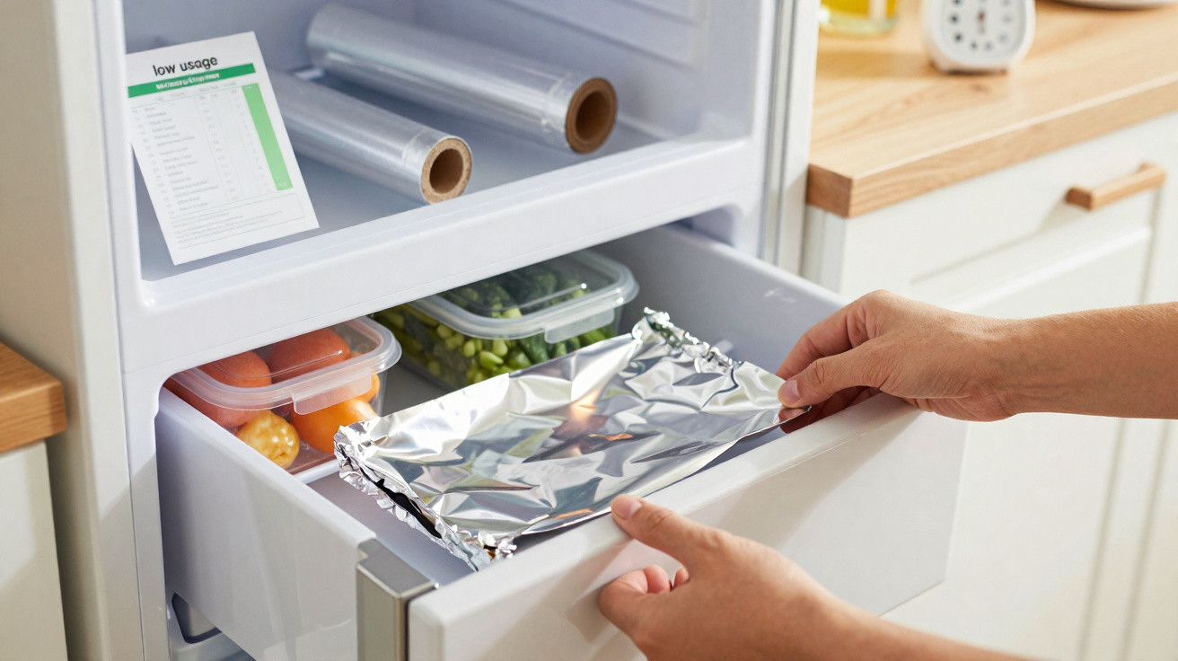 Hands placing a foil-wrapped container in a freezer drawer with vegetables and cling film rolls inside.