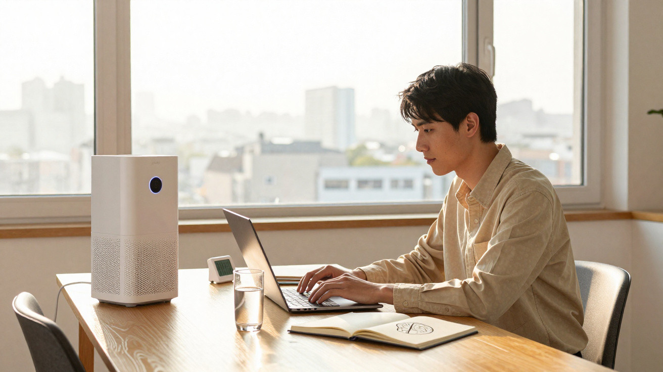 Person working on laptop at desk with air purifier and glass of water by a large window.