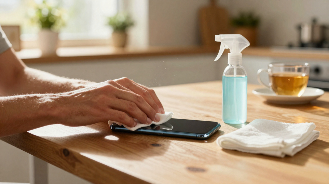 Person cleaning a smartphone with a cloth on a wooden table near a spray bottle and a cup of tea.