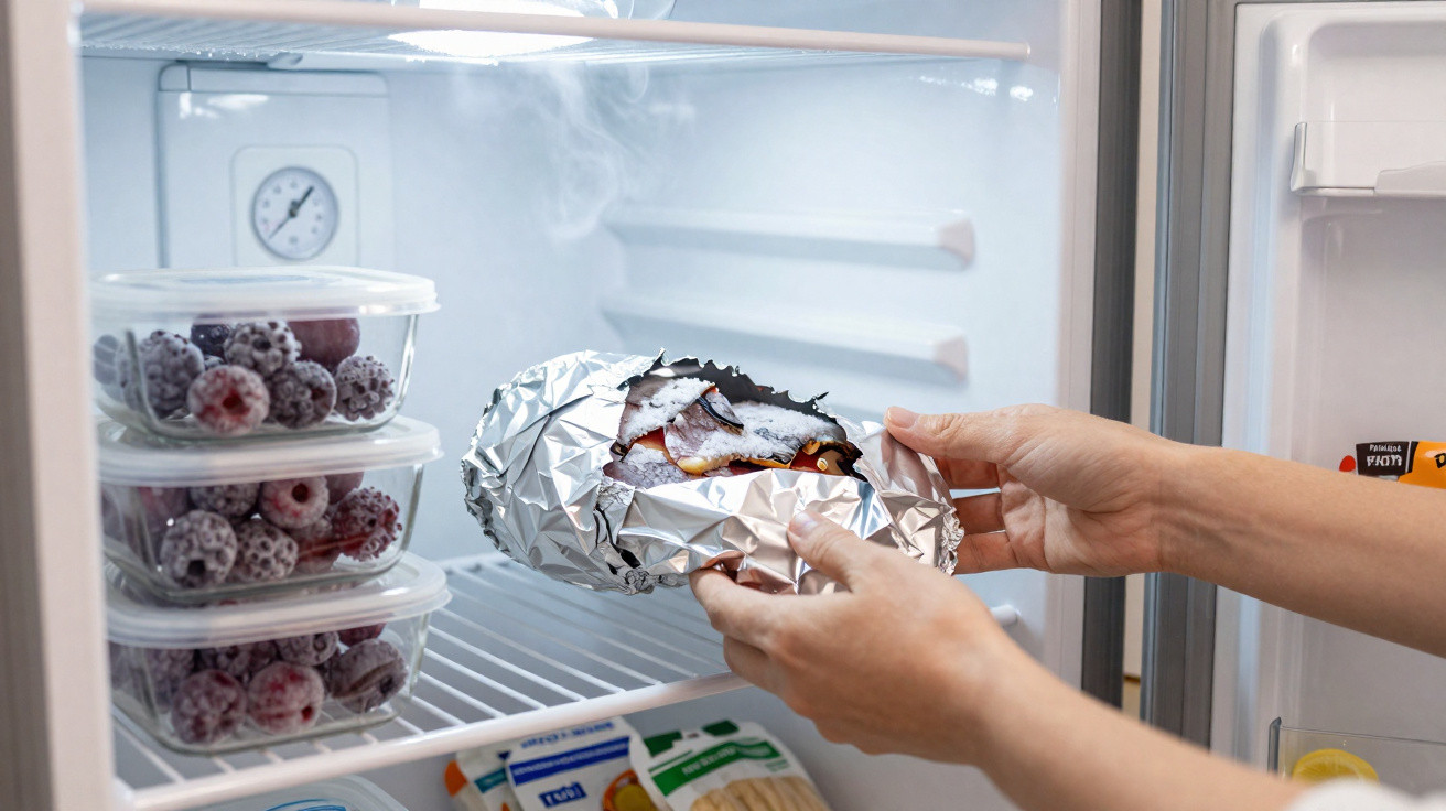 Hands placing smoked fish wrapped in foil into a refrigerator with frozen berries in plastic containers on the shelf.