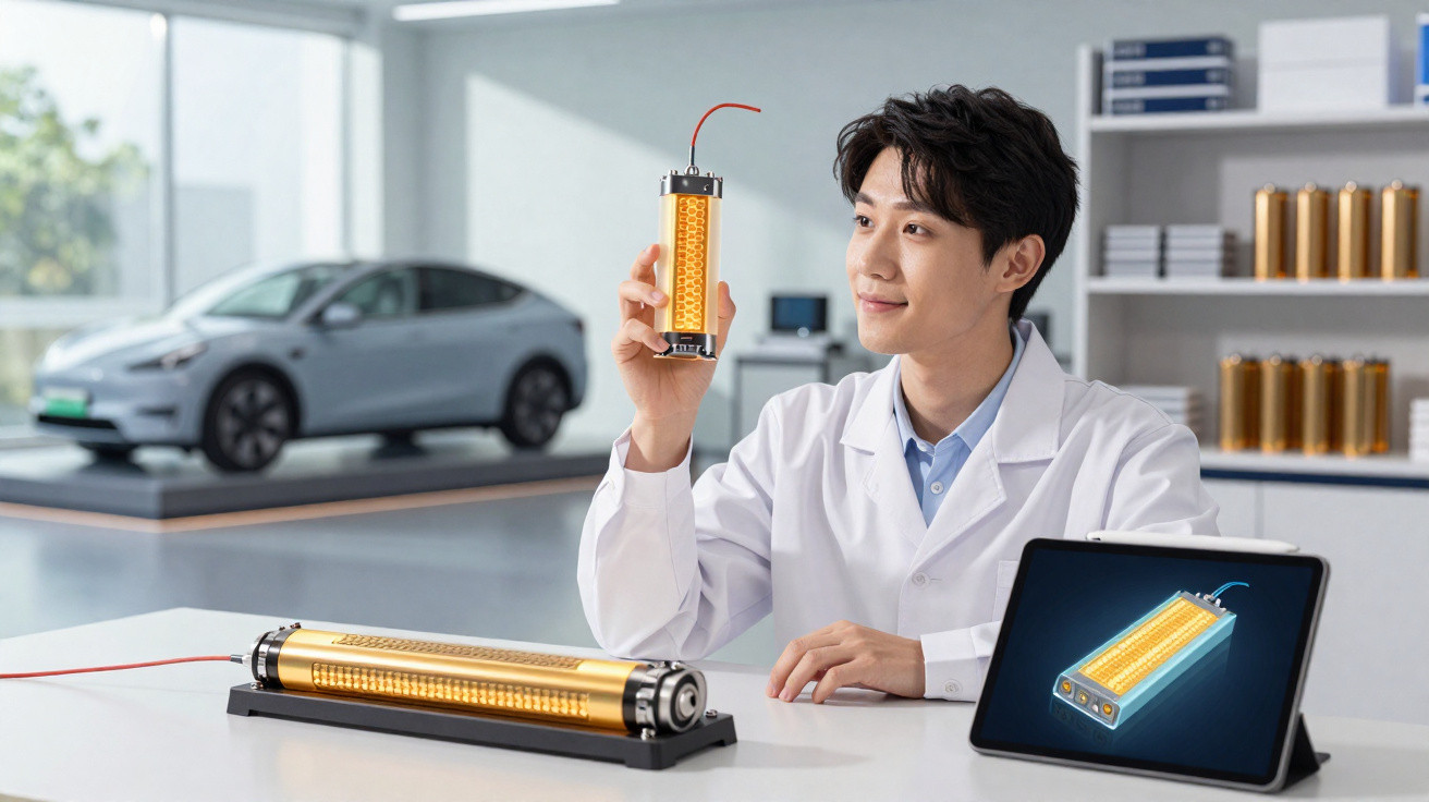 Scientist in lab coat examining battery cell with electric car and digital tablet showing battery model in background.