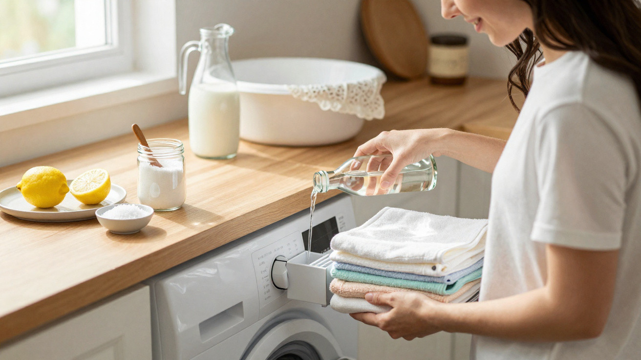 Woman pouring liquid into a washing machine drawer with folded laundry and natural cleaning ingredients nearby.