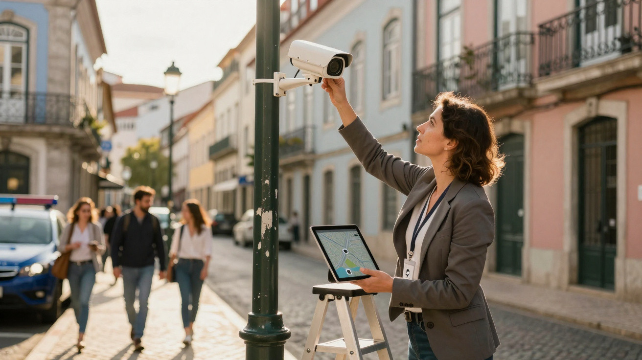 Woman adjusting a security camera on a street pole holding a tablet, with people walking in the background.