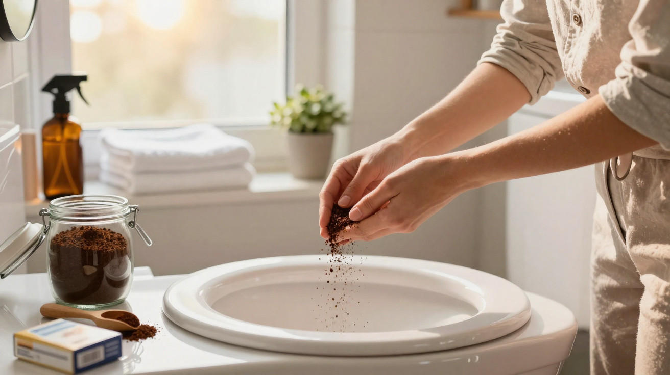 Person sprinkling coffee grounds into a white sink in a bright bathroom with folded towels nearby