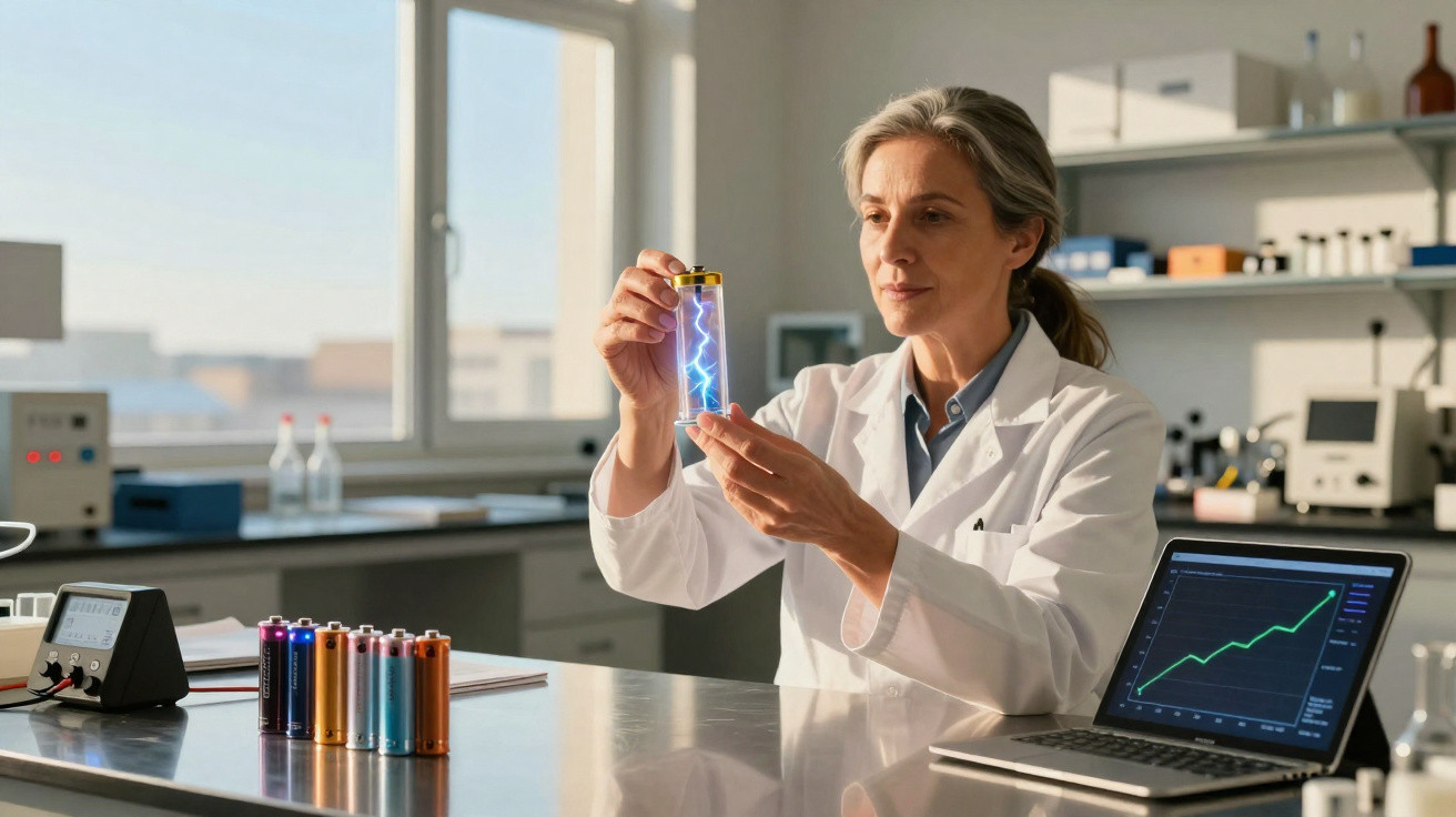 Scientist in lab coat holding glowing battery with electric sparks, testing energy while laptop shows rising graph.