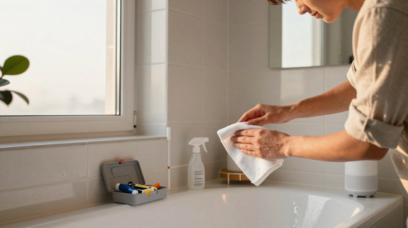 Person cleaning a bathroom sink with a white cloth beside a window and cleaning supplies.