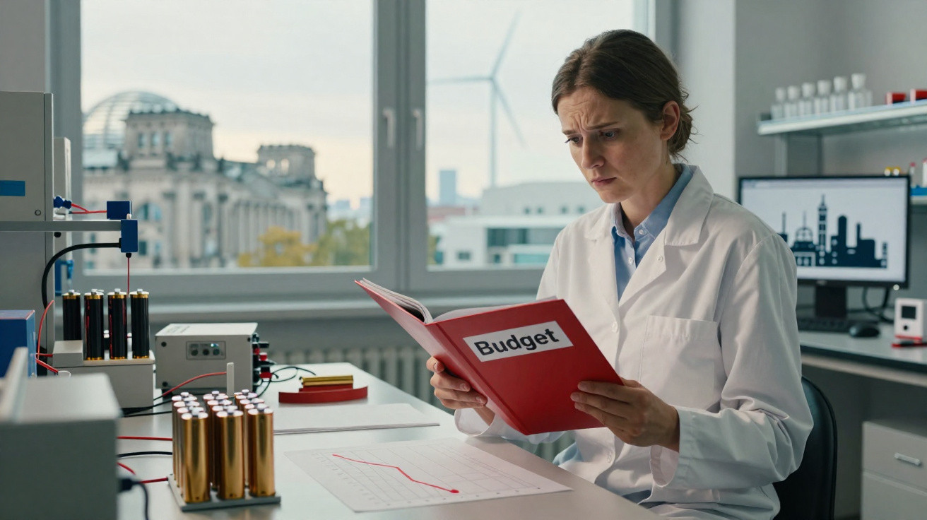 Scientist in lab coat reviewing a budget folder with a worried expression in a laboratory setting.