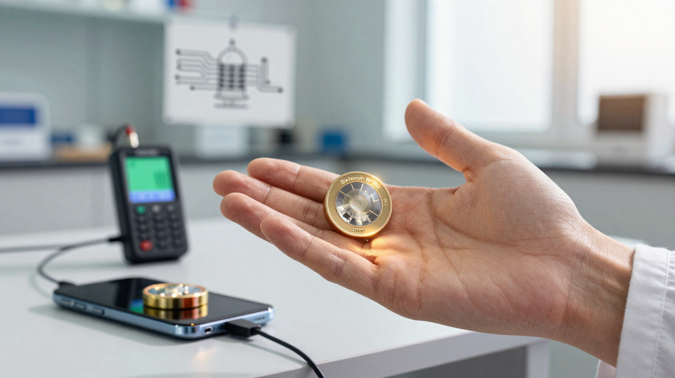 Hand holding a spinning fidget spinner above a desk with a phone and another spinner connected by a cable.