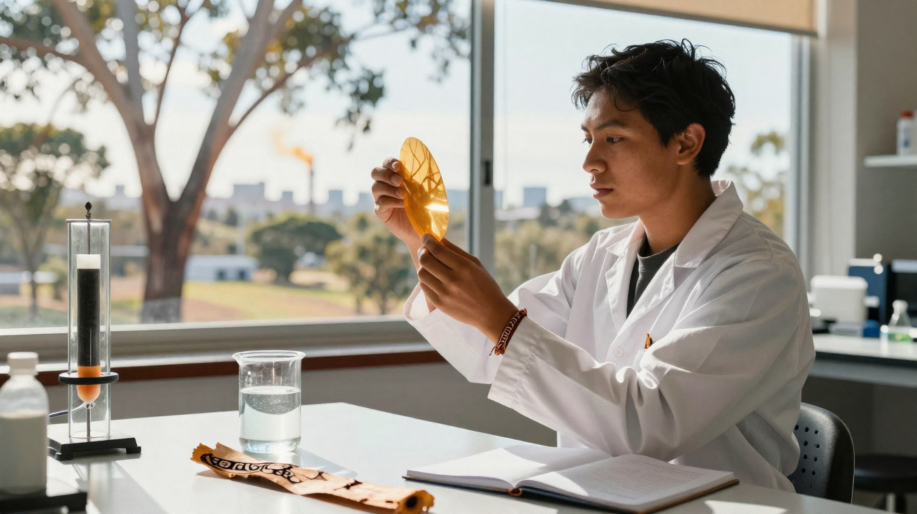 Scientist in white lab coat examining a yellow petri dish in a bright laboratory with open notebook on table.