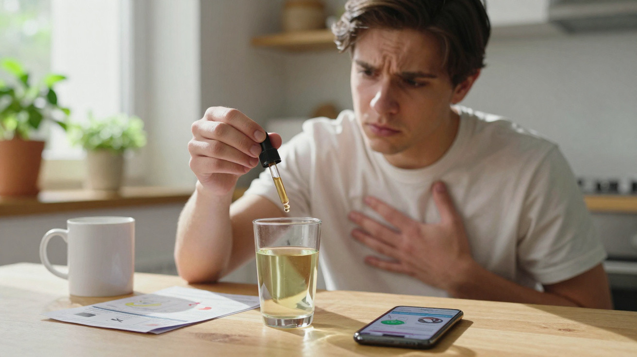 Young man holding dropper over glass of liquid, looking concerned and holding chest at kitchen table.