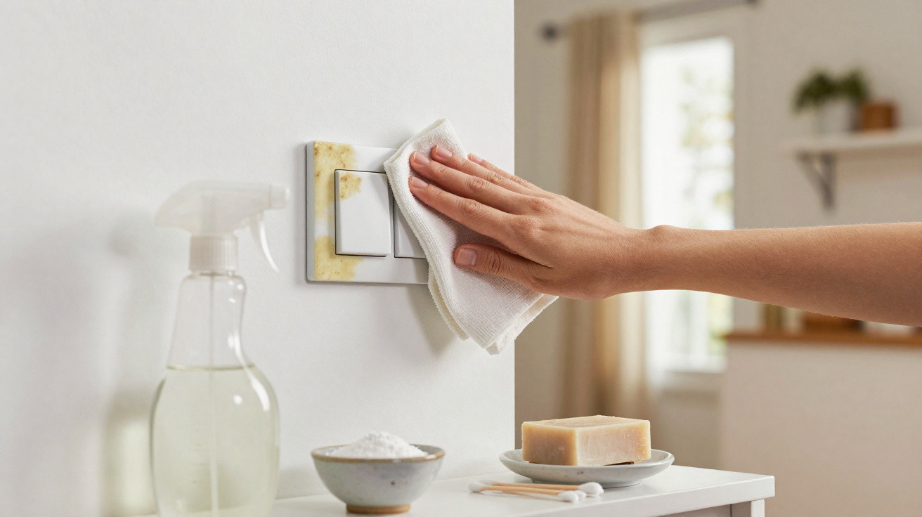 Hand wiping a dirty white light switch with a cloth, with cleaning supplies on a nearby surface.