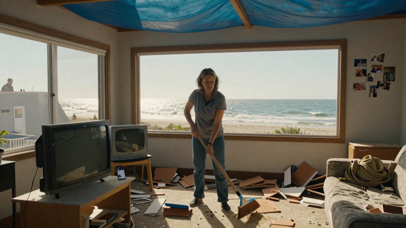 Woman sweeping broken wooden pieces inside a bright room with large windows overlooking the sea.