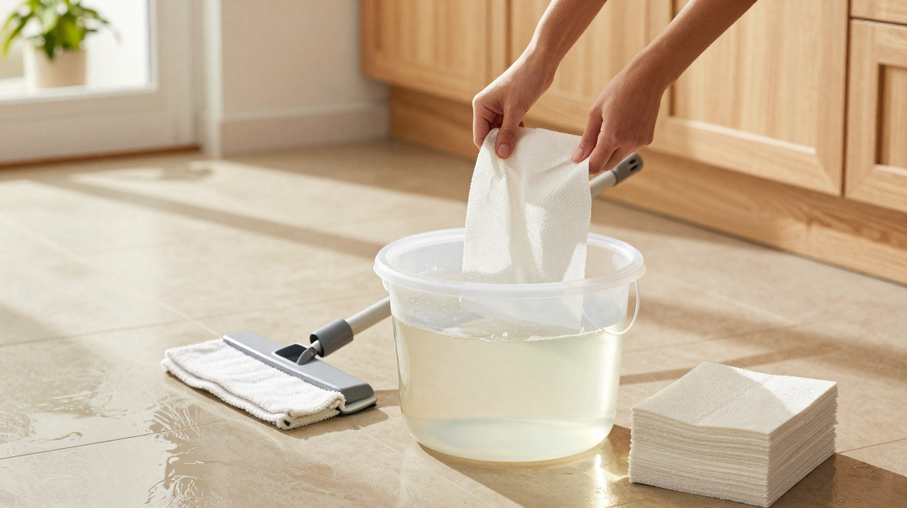 Person dipping a white cloth into a bucket of water next to a mop on a tiled floor