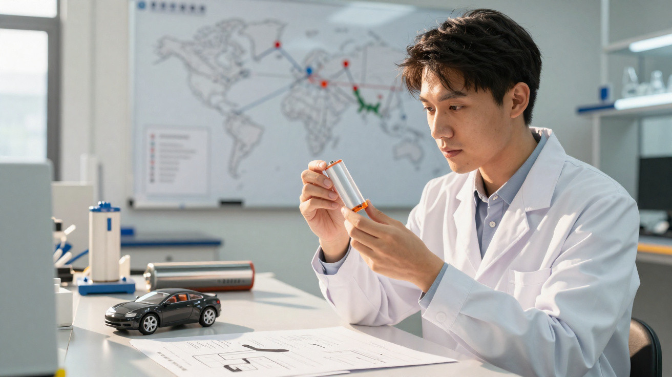 Scientist in lab coat examining a battery with a model car and world map in the background.