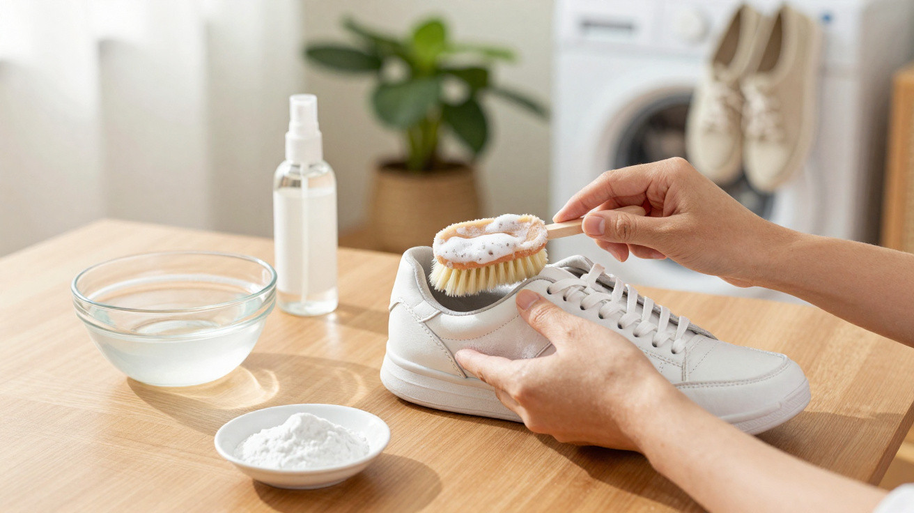 Person cleaning a white sneaker with a brush, with a bowl of water, baking soda, and spray bottle on a wooden table.