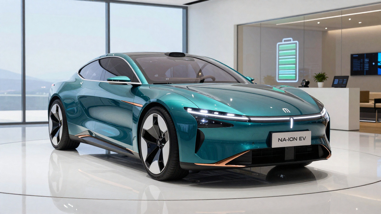 Teal sleek electric car with aerodynamic design inside a modern showroom with battery icon display.