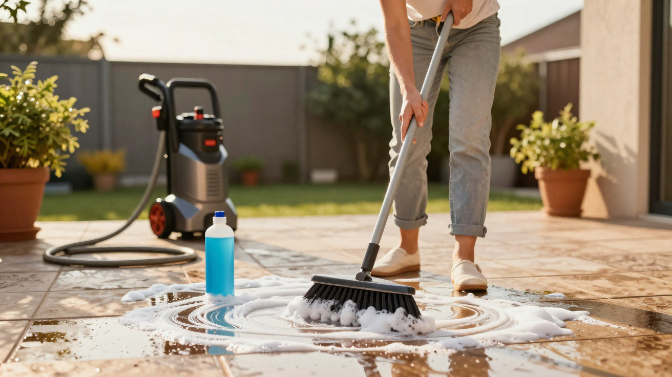 Person scrubbing foamy water on outdoor tiled patio with a brush and cleaning liquid bottle nearby.