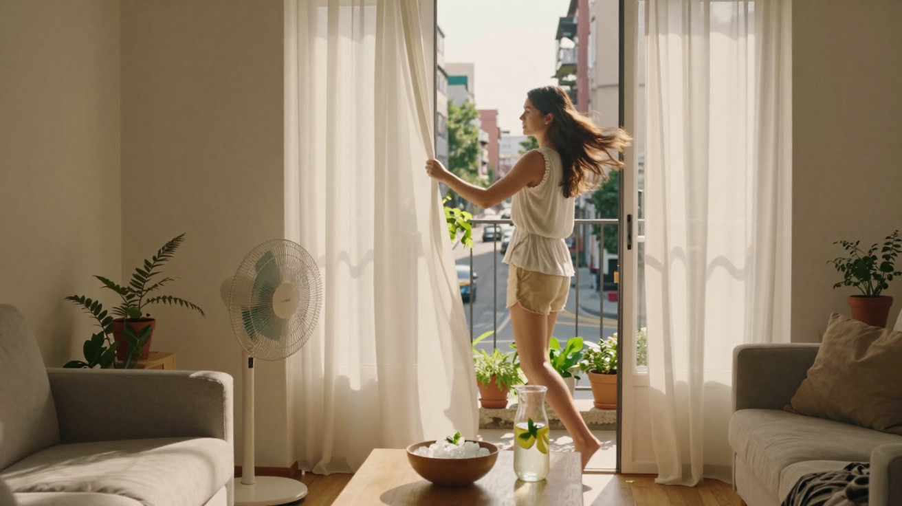 Woman opening sheer curtains to a sunny balcony in a cosy living room with plants and sofas.