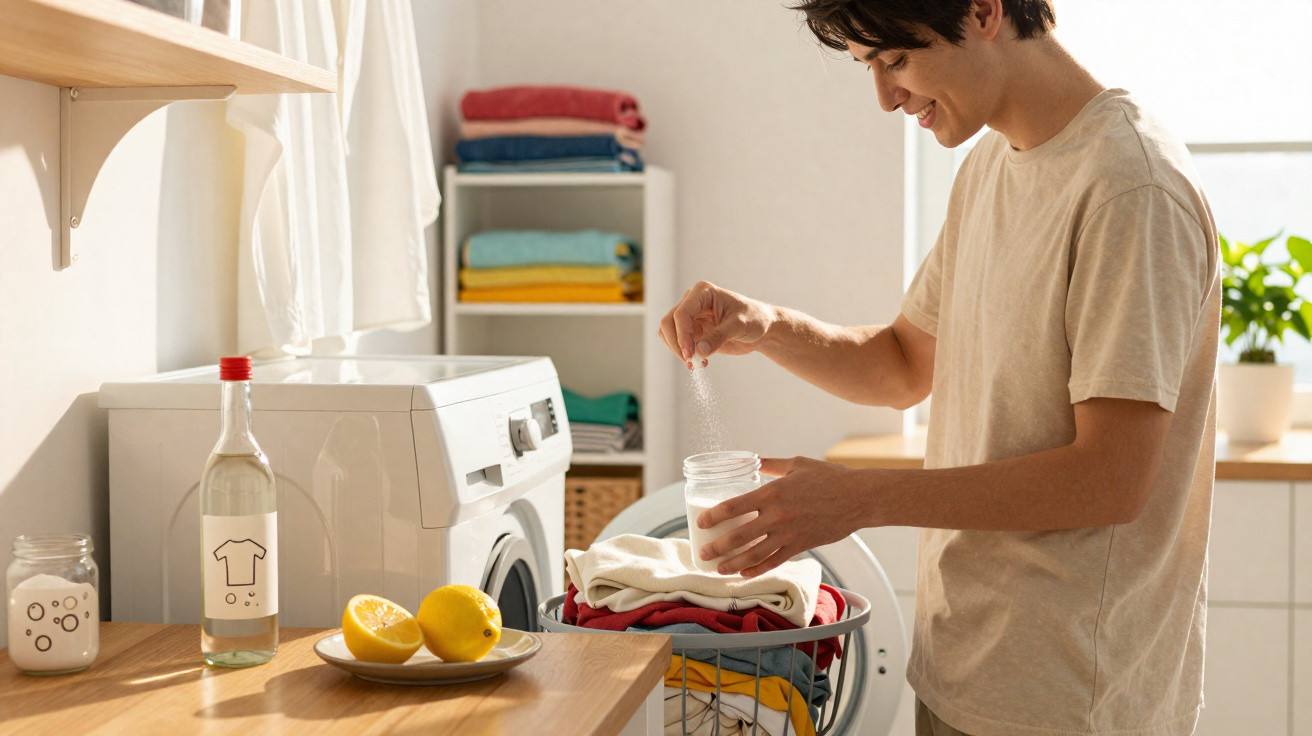 Man adding laundry detergent powder to washing machine in a bright laundry room with clean clothes and lemons nearby