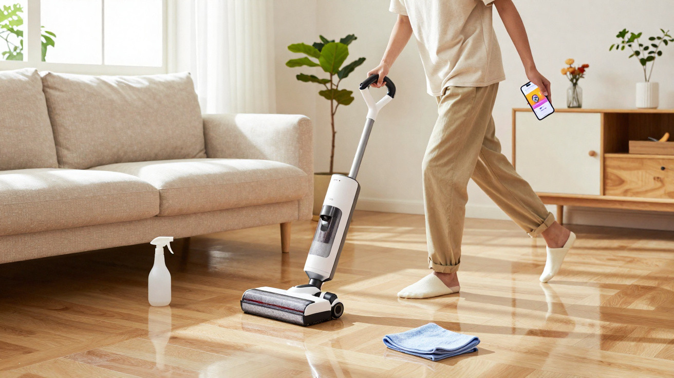 Person vacuuming shiny wooden floor in bright living room holding smartphone with cleaning app.