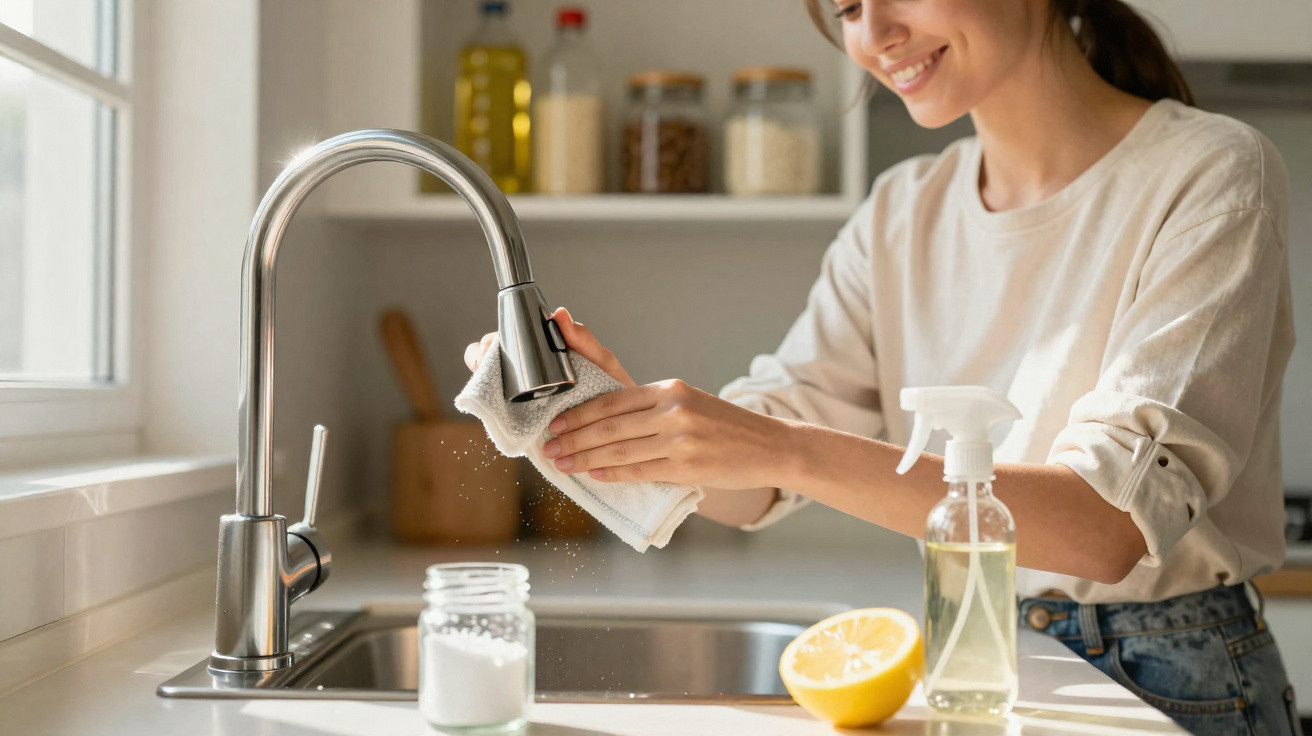 Woman smiling while cleaning a kitchen faucet with a cloth, lemon, spray bottle, and jar on the counter nearby