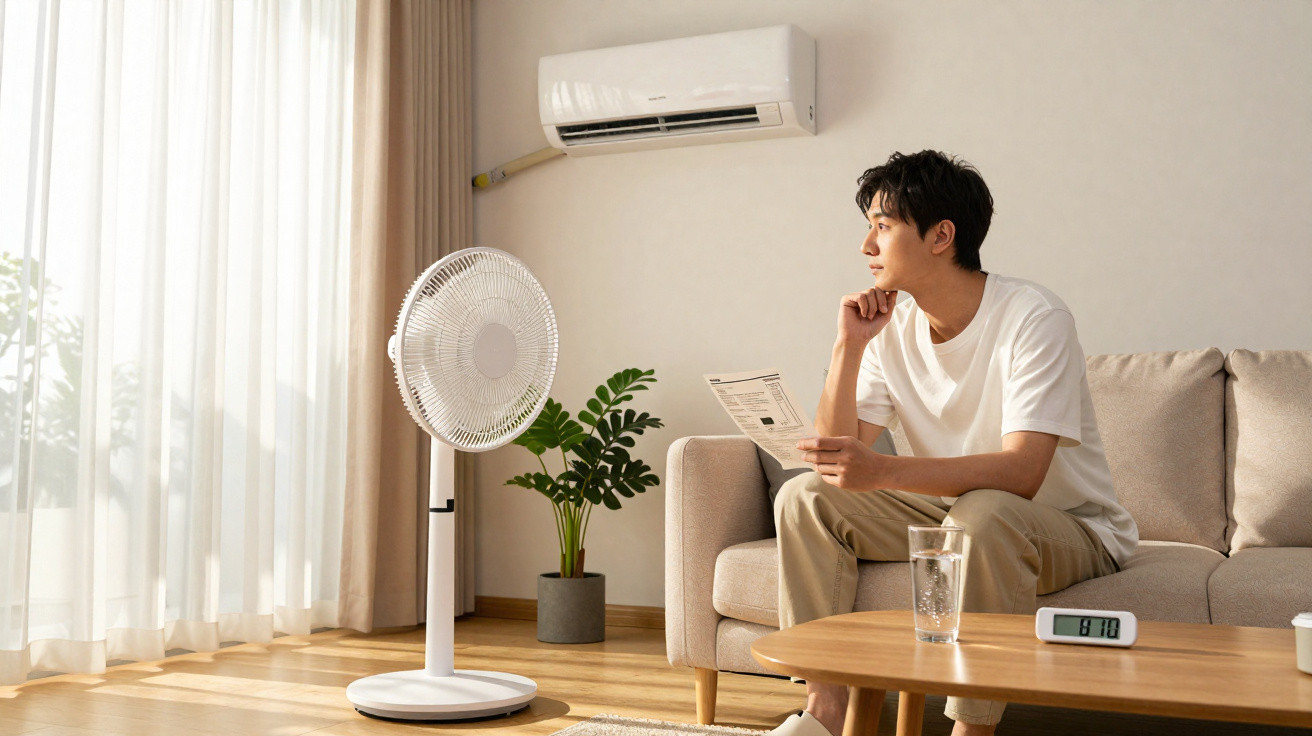 Young man sitting on a sofa reading a newspaper, facing a standing fan in a sunlit living room.