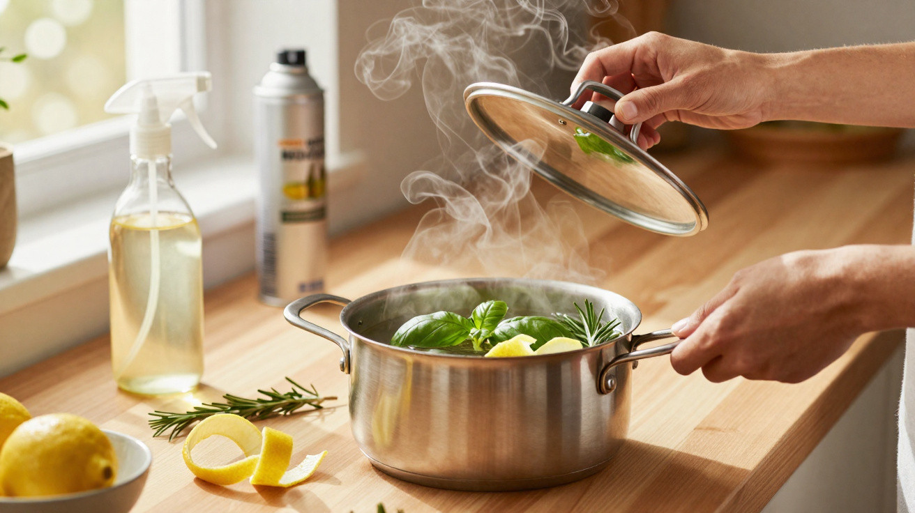 Hands lifting the lid off a steaming stainless steel pot with herbs and lemon on a kitchen counter.