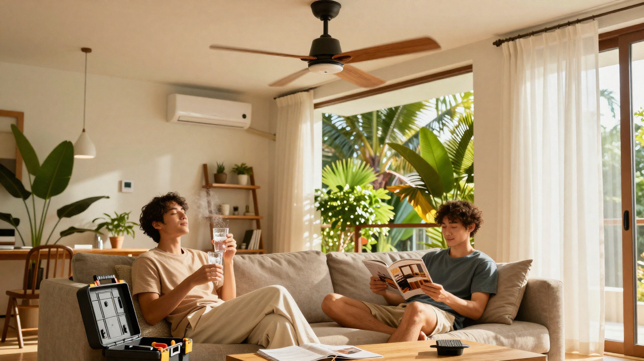 Two young men relaxing on a beige sofa in a bright living room with plants and natural light.