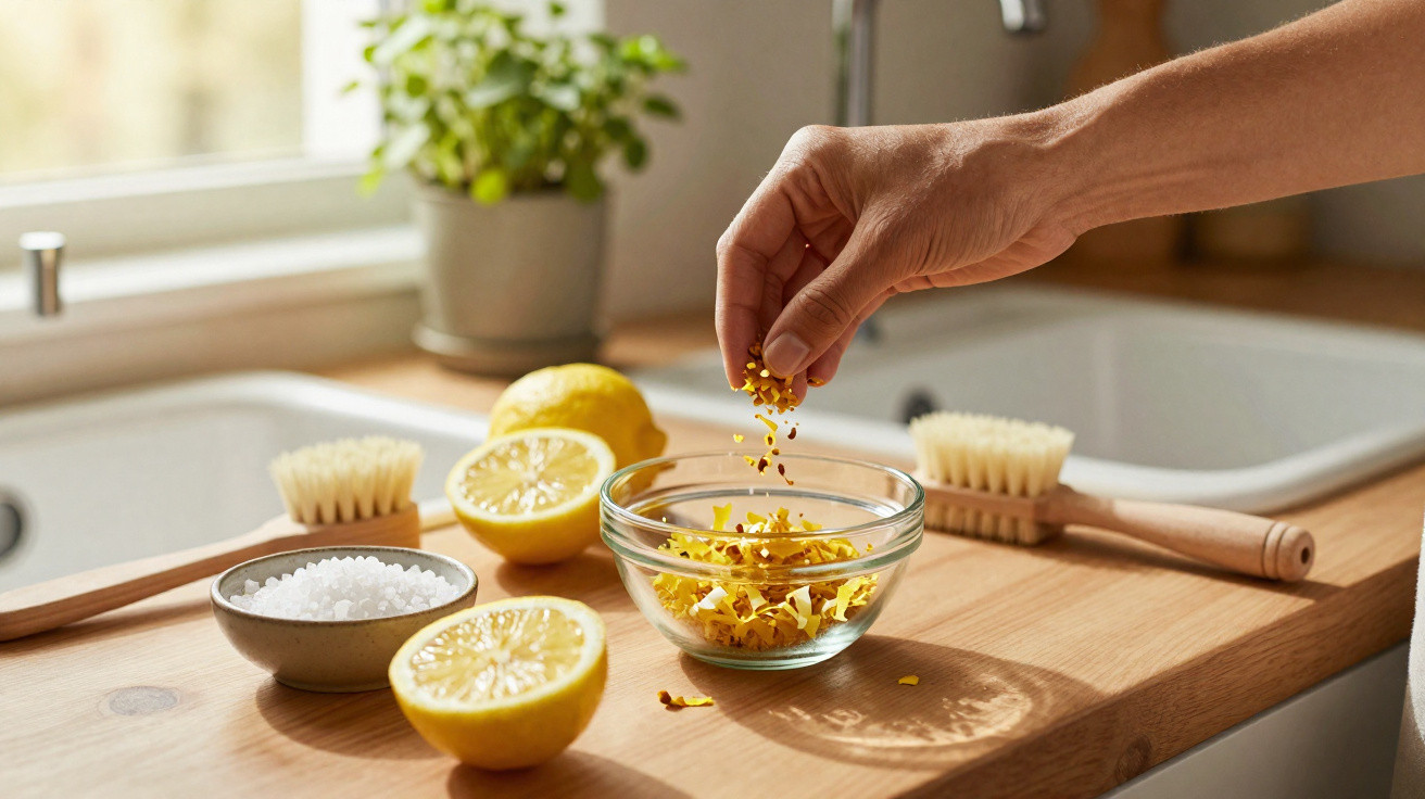 Hand sprinkling dried flower petals into a glass bowl on a wooden countertop with lemons and brushes.