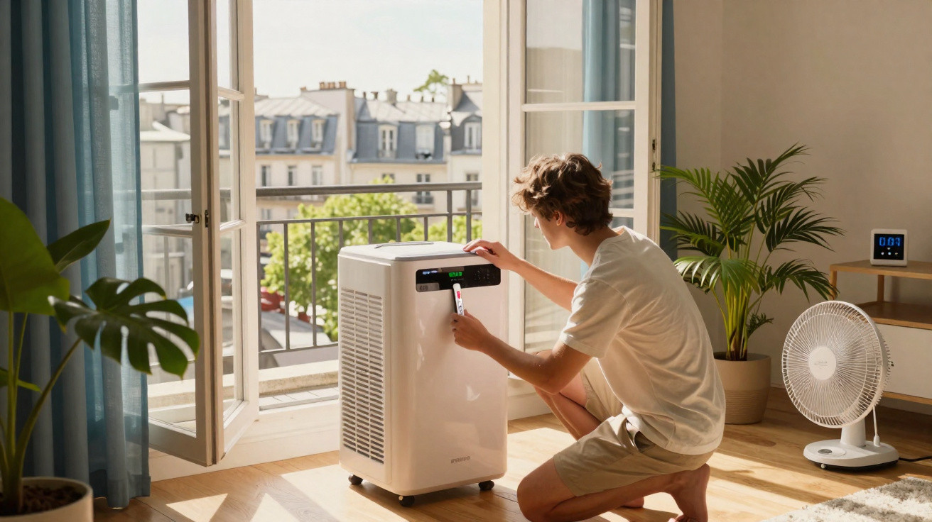 Person adjusting settings on a portable air conditioner in a sunlit room with plants and an open window.