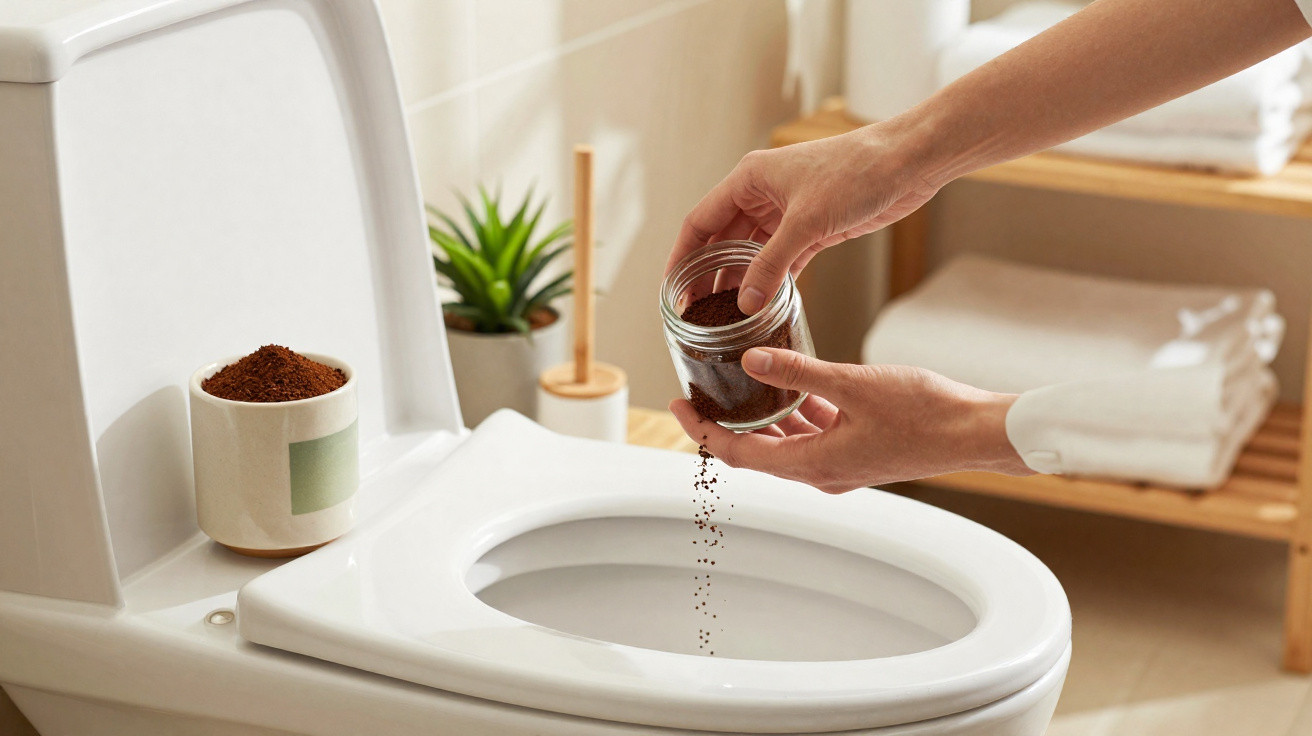 Hands pouring coffee grounds into a toilet bowl in a bright, tidy bathroom with towels and a plant nearby.