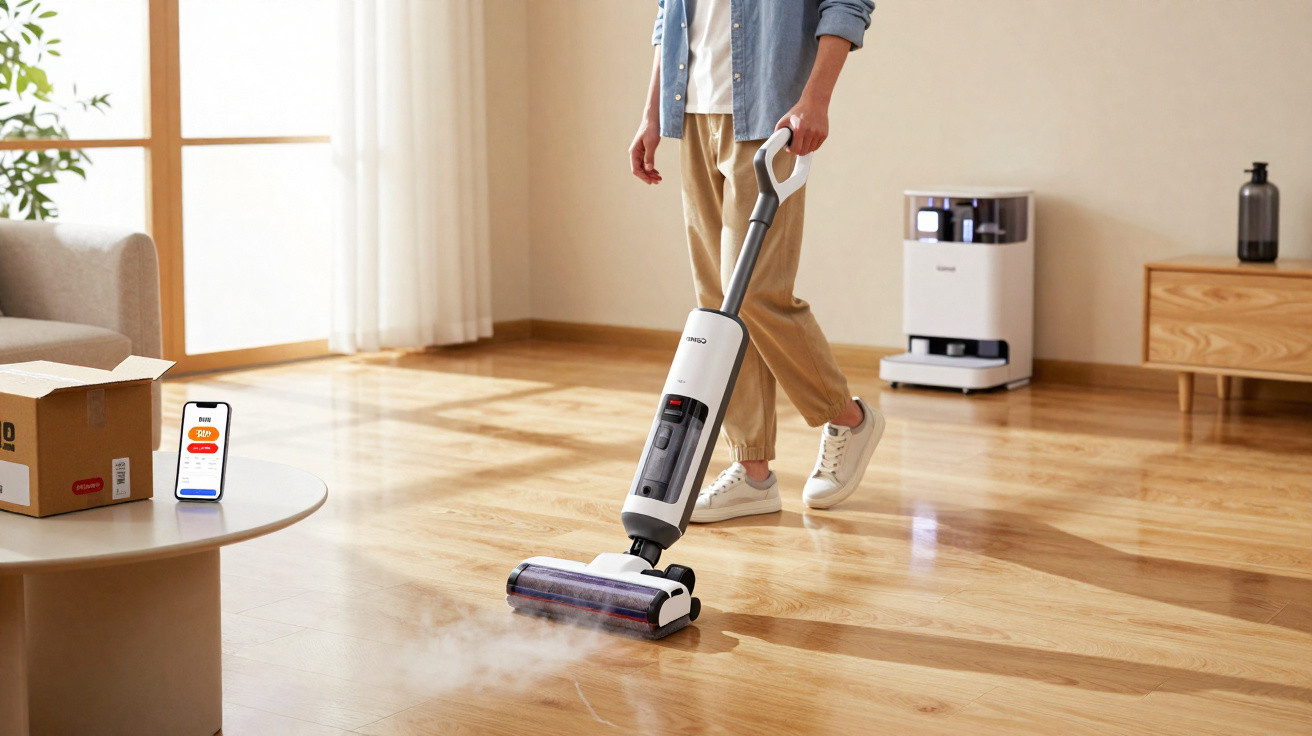 Person using a cordless steam vacuum cleaner on a wooden floor in a bright, modern living room.