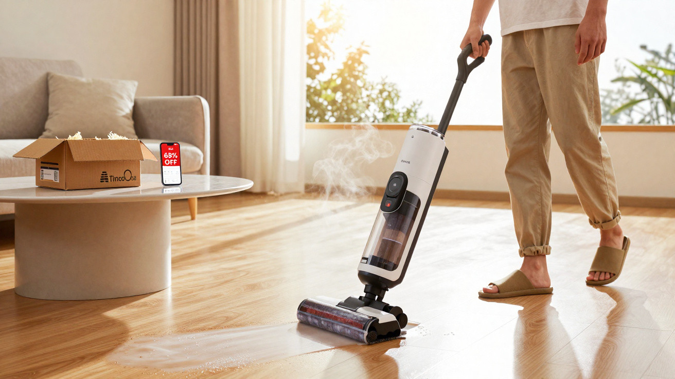 Person using a steam mop to clean a wooden floor in a bright living room with a coffee table and sofa.