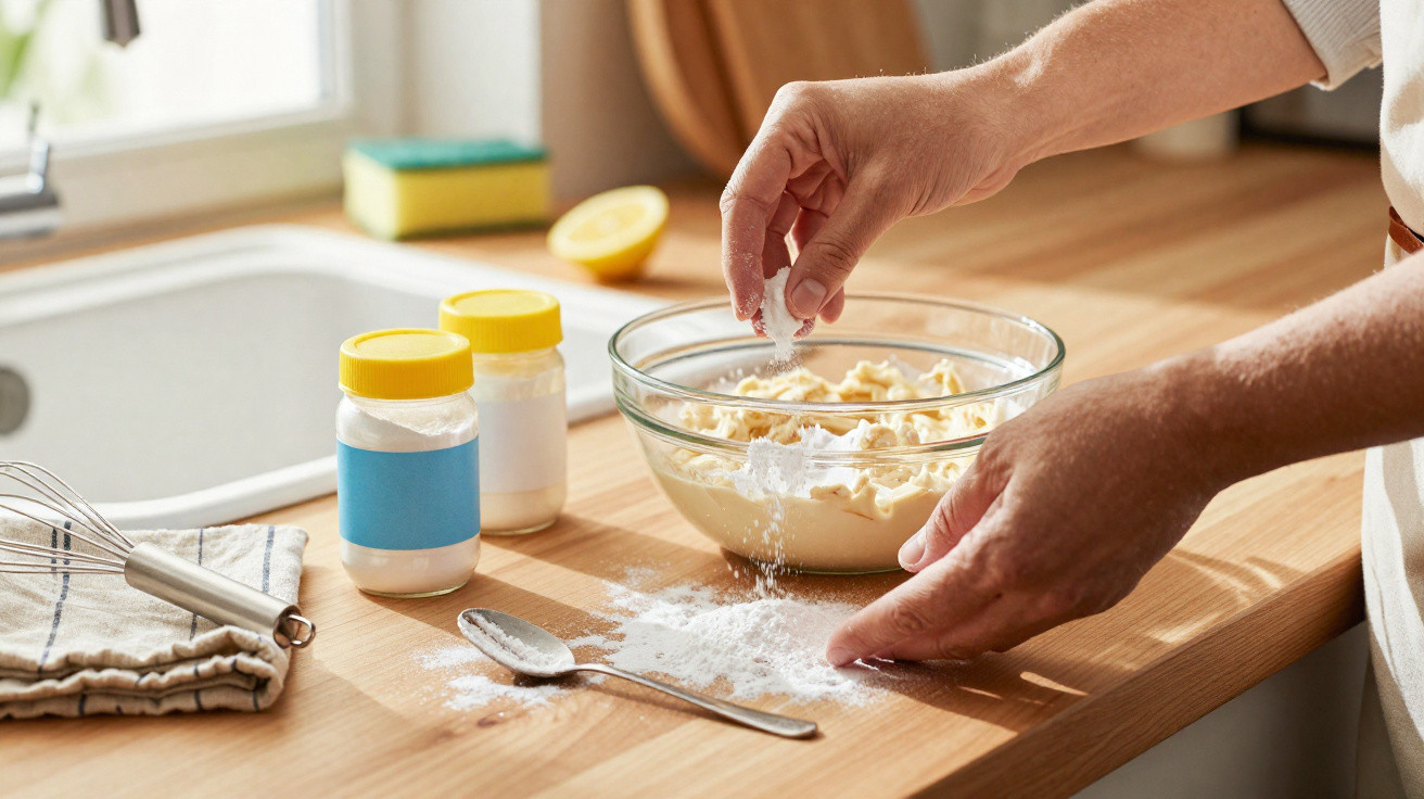 Hands sprinkling powder into a glass bowl with batter on a wooden kitchen counter near a whisk and jars.