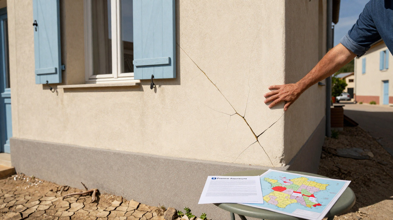 Hand touching a large crack on a house corner with dry, cracked earth and documents on a table nearby.