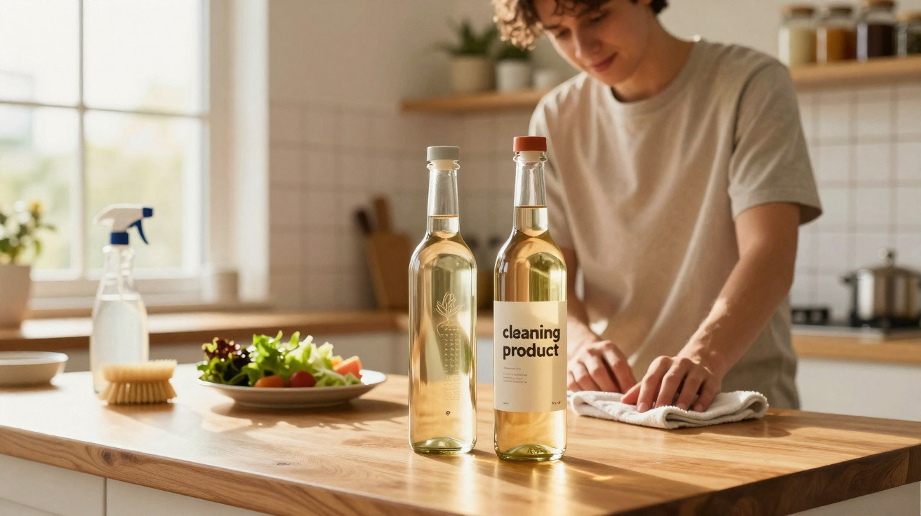 Two bottles of cleaning product on a kitchen counter with a person wiping the surface in the background.