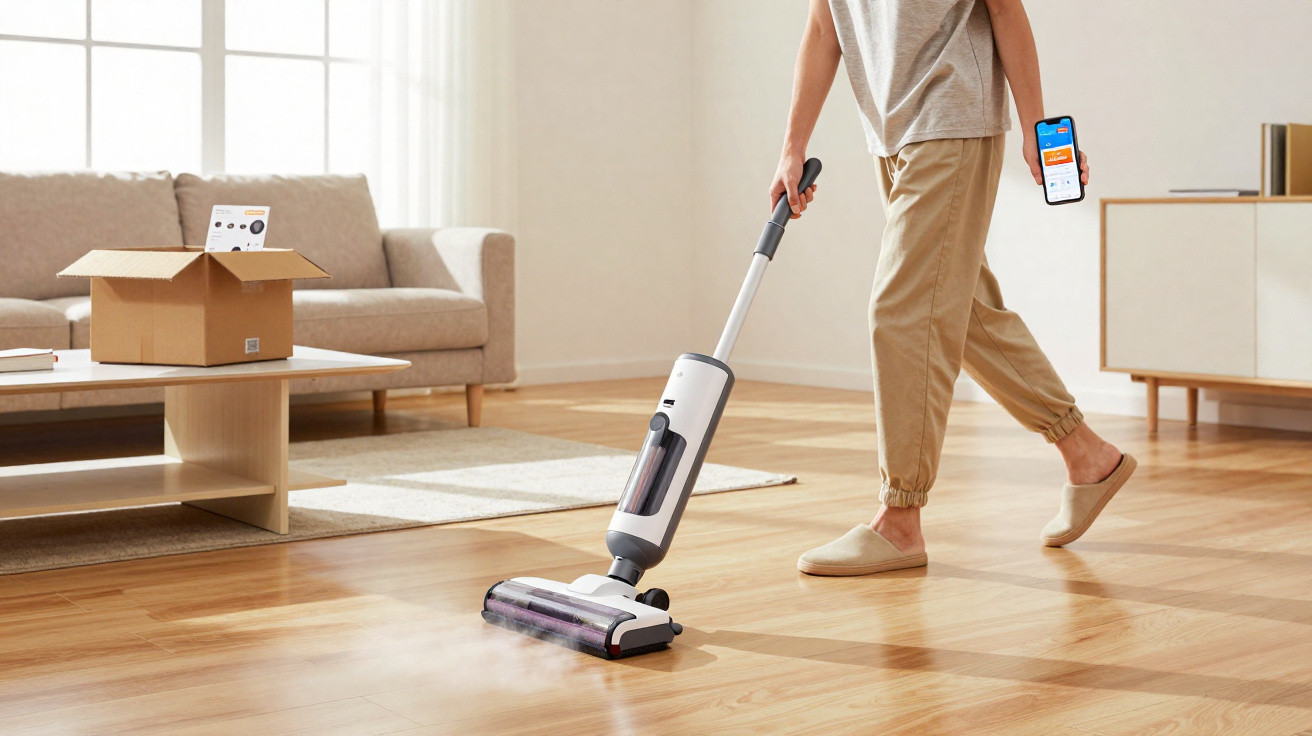 Person vacuuming wooden floor in living room while holding smartphone showing cleaning app.