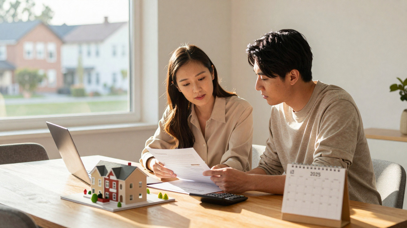 Couple reviewing documents at a table with a laptop, house model, calculator, and 2023 calendar.