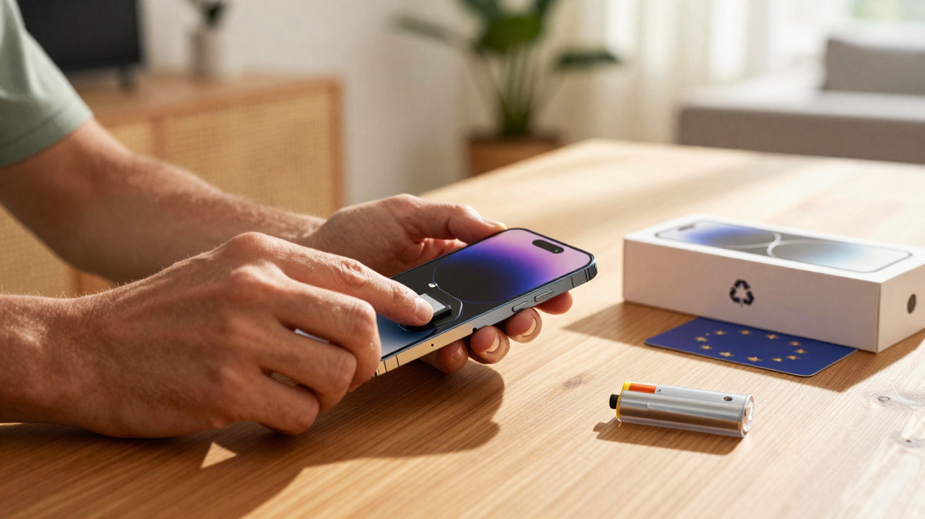 Person holding a smartphone with a box, battery, and a card on a wooden table in a bright room.