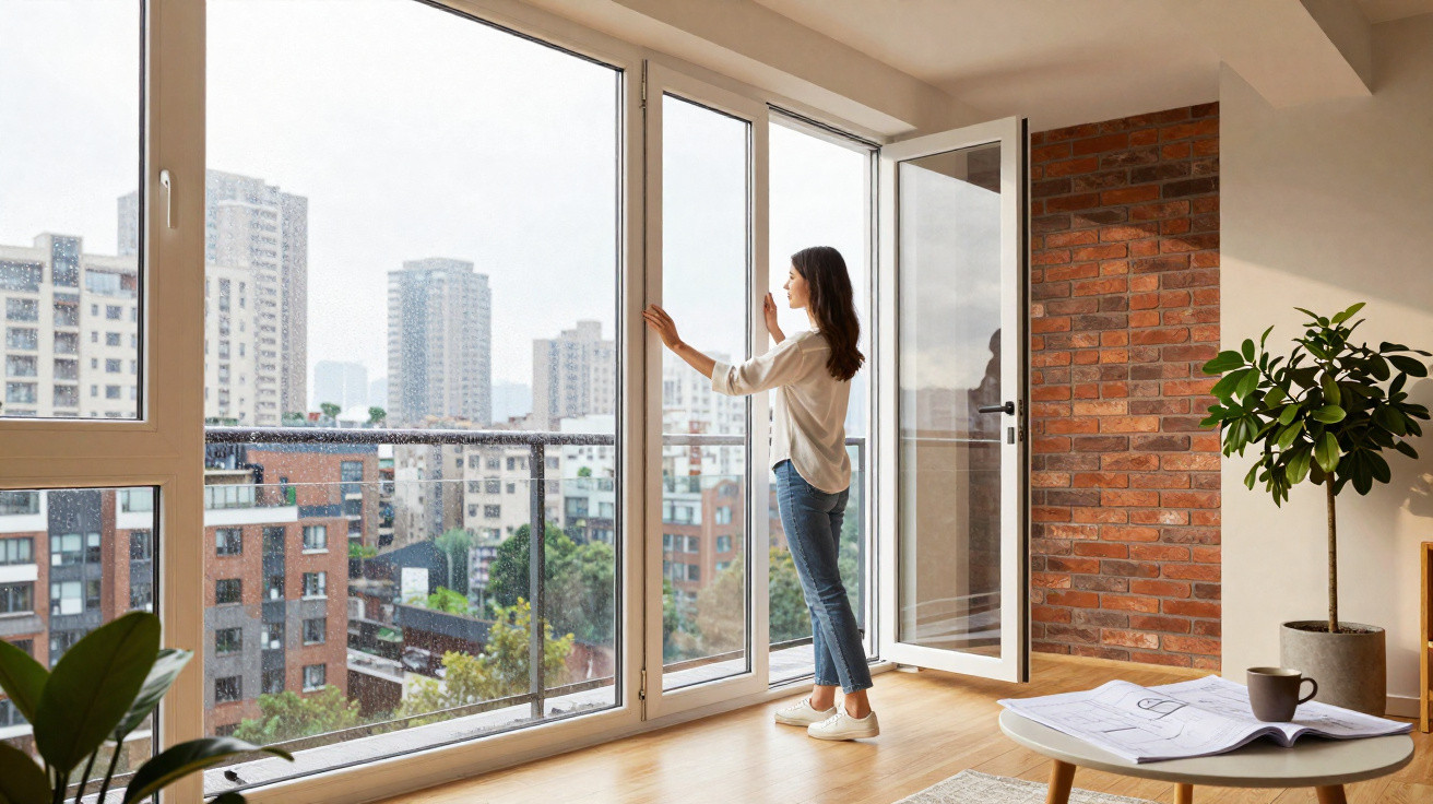 Woman opening a large window in a modern apartment overlooking city buildings on a cloudy day.