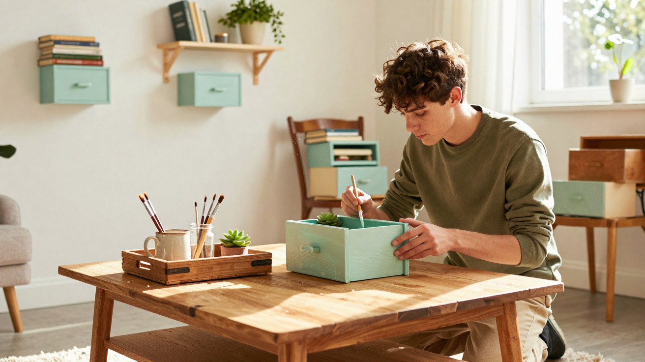 Young man painting a small wooden box at a wooden table in a bright, cozy room