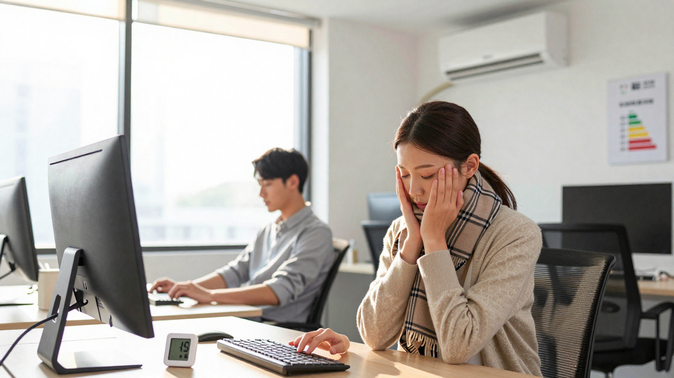 Tired woman resting her face in hands at desk with computer in bright office, man working in background.